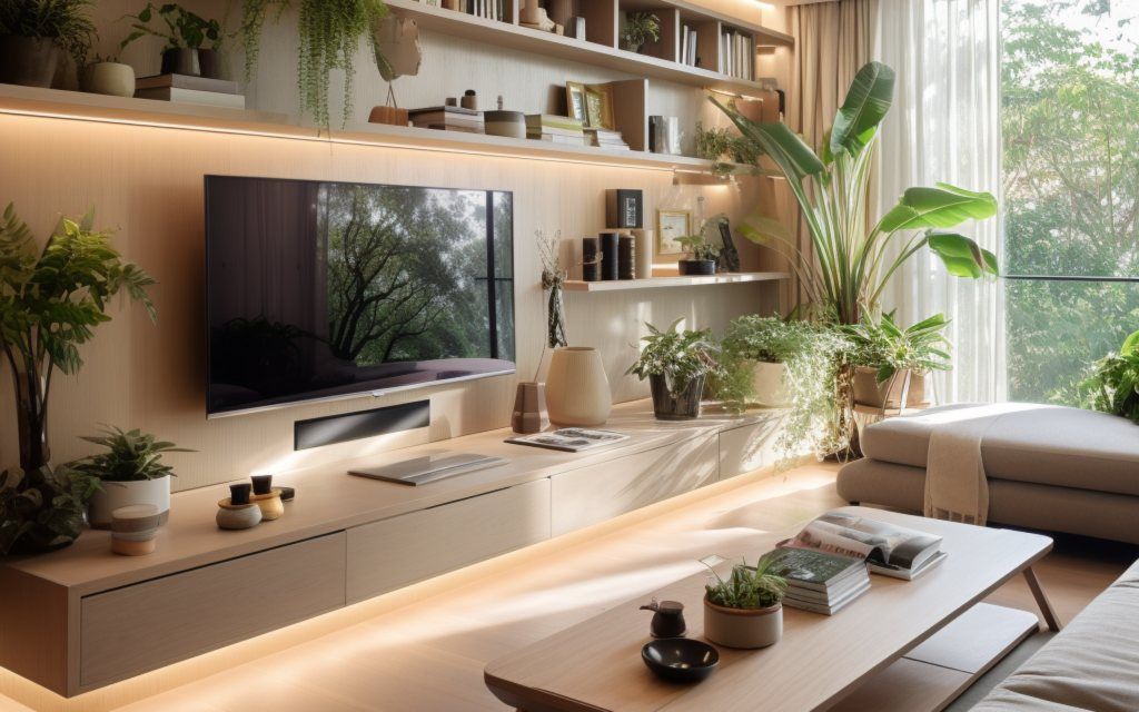 Sala de estar com painel planejado e iluminação embutida